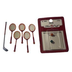 VTG Doll House Miniatures Fibre Craft Material Dice Tennis Racket NWT Vintage